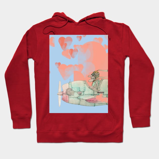 Old pilot with old airplane in the sky with hearts Hoodie by RobertBretonArt